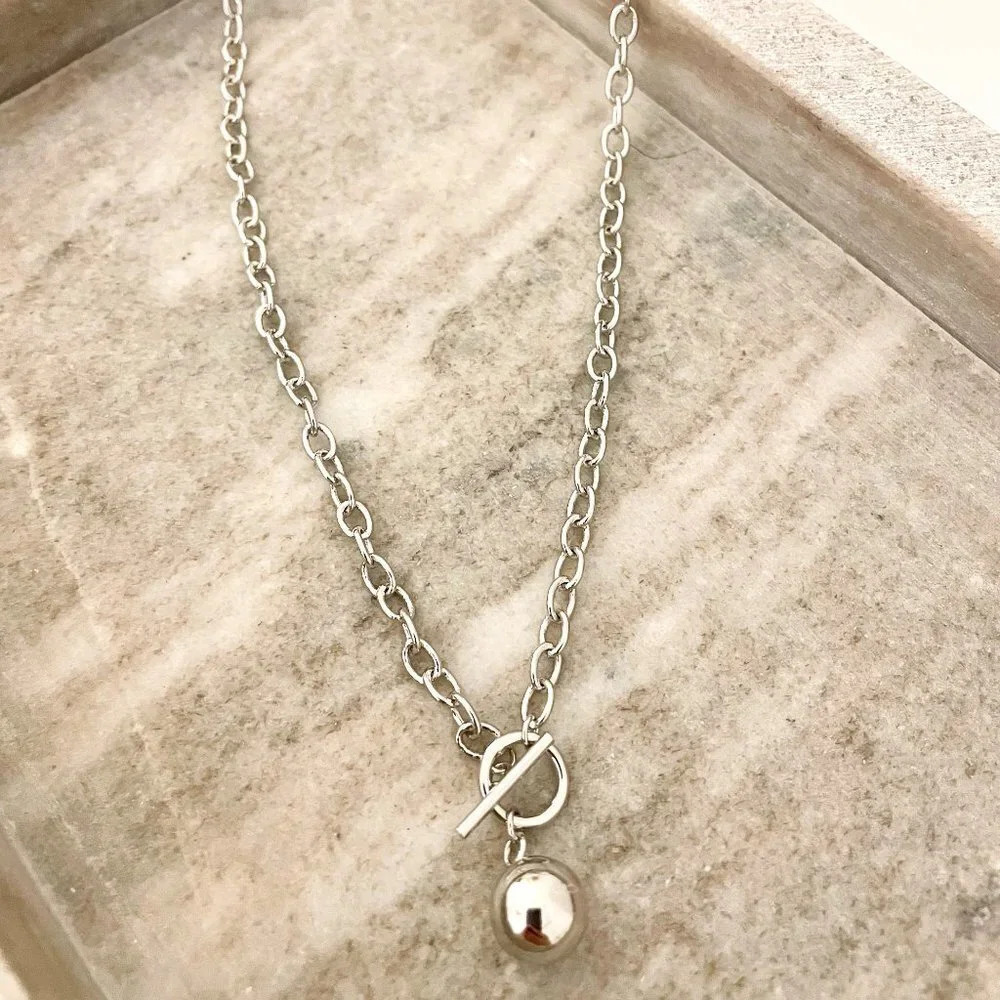 925 Sterling Silver Toggle Ball Necklace Minimalist Ball Pendant Necklace